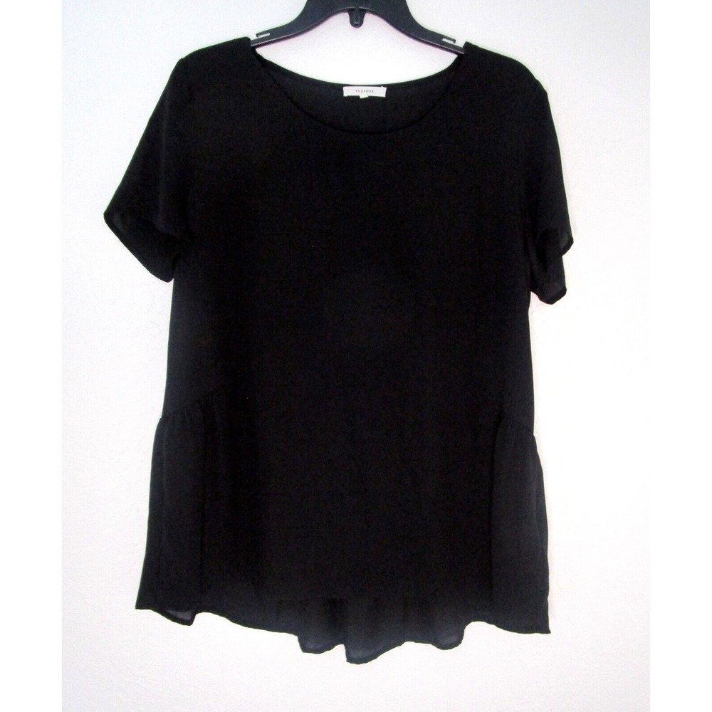 PLEIONE Womens M Black Ruffle Peplum Gathered Black Flowy Top Blouse